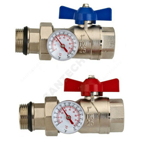 Комплект шаровых кранов латунь никель Ду 25 ВР/нак. гайка бабочка c термометром Wester 0-32-2105 купить в интернет-магазине инженерного оборудования в Санкт-Петербурге